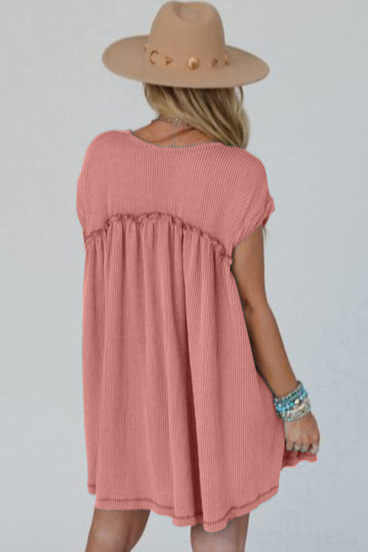 Corded Knit Textured Patched Pocket Frilled Swing Mini Dress with Pockets Dusty Pink